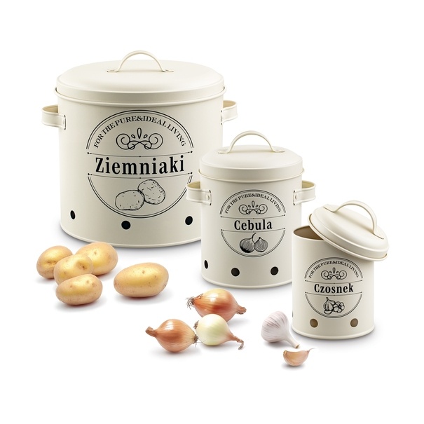 Zestaw 3 metalowych pojemników kuchennych Tadar Ziemniaki Cebula Czosnek kremowy