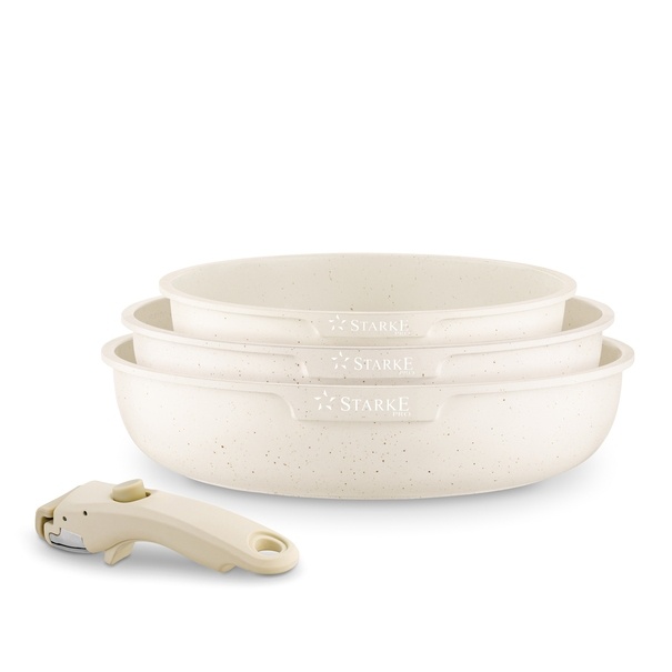 Zestaw 3 patelni Starke Pro Compacti Cream 4 elementy odpinany uchwyt
