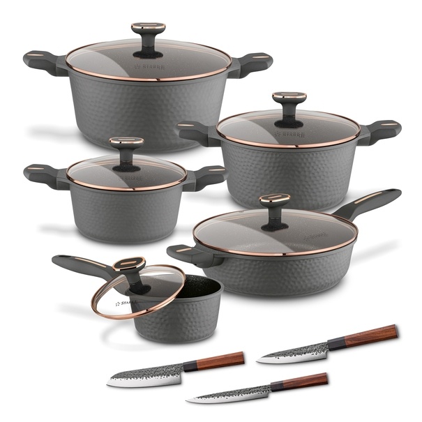 Zestaw garnk&oacute;w na indukcję Starke Pro Texture Grey 10 element&oacute;w i 3 noże Toshiro