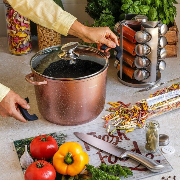 Zestaw 2 garnków na indukcję wysokich Konighoffer Pollo Rose Gold 6,8 l 10 l i 4 nakładki