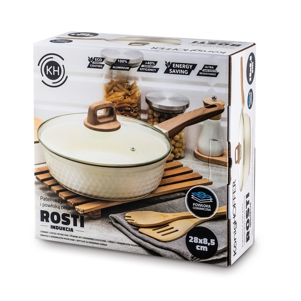 Patelnia z powłoką ceramiczną na indukcję Konighoffer Rosti z pokrywką 28 cm kremowa