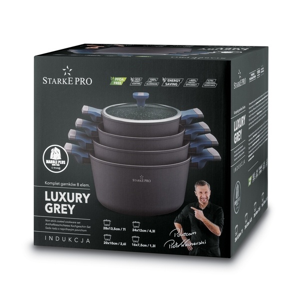 Zestaw garnków na indukcję marmurowych Starke Pro Luxury Grey II 8 elementów