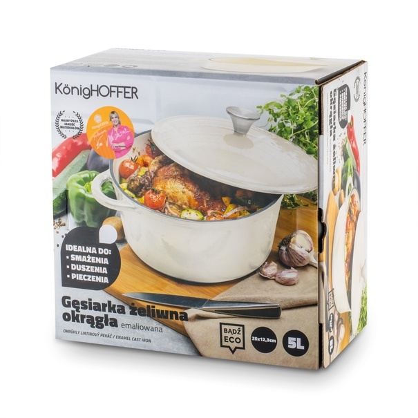 Gęsiarka żeliwna brytfanna emaliowana Konighoffer 5 l 25 x 12,3 cm okrągła kremowa