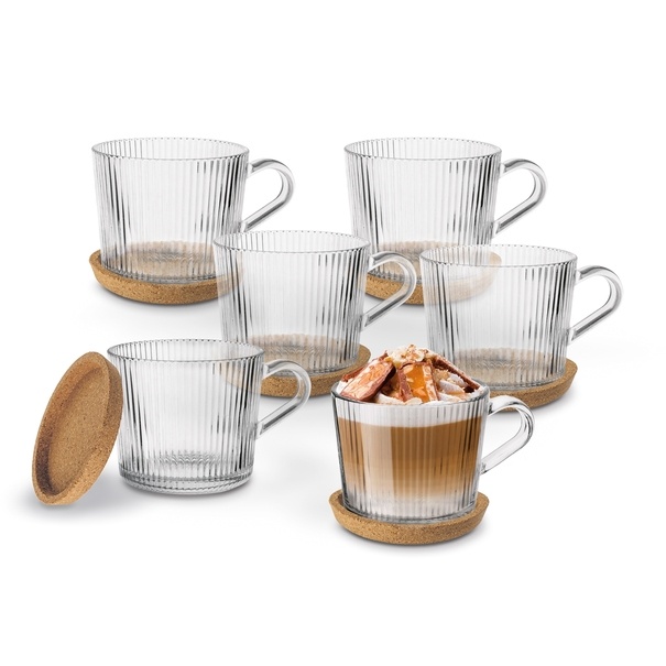 Kubki szklane Tadar Sue 400 ml 6 sztuk i 6 podkładek korkowych