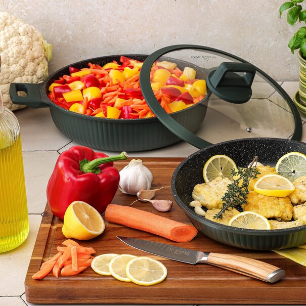 Patelnia marmurowa z pokrywką kr&oacute;tkie uchwyty Starke Pro Eridan 28 cm