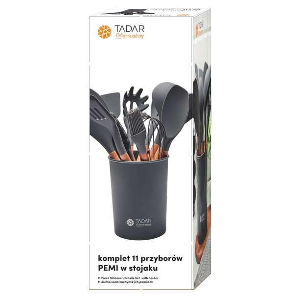 Zestaw 11 przybor&oacute;w kuchennych w stojaku Tadar Silico Pemi ciemnoszary