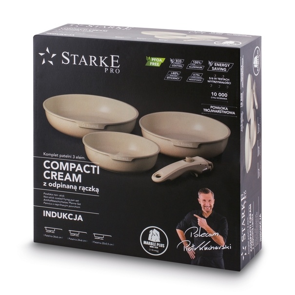 Zestaw 3 patelni Starke Pro Compacti Cream 4 elementy odpinany uchwyt