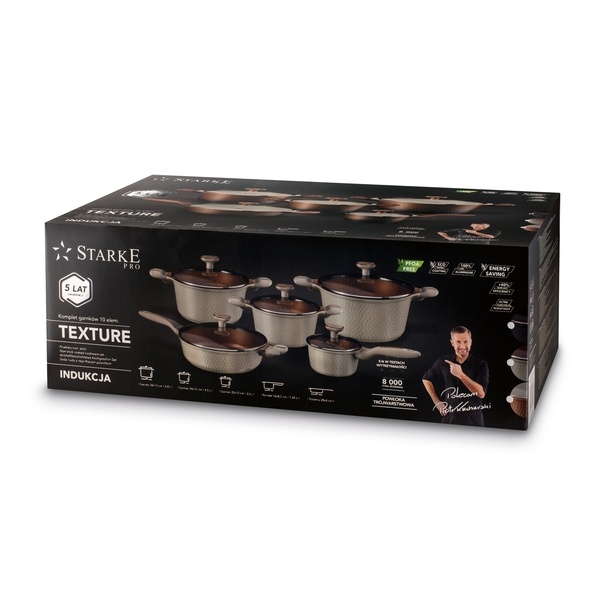 Zestaw garnk&oacute;w na indukcję Starke Pro Texture Creamy 10 element&oacute;w i 3 noże Toshiro