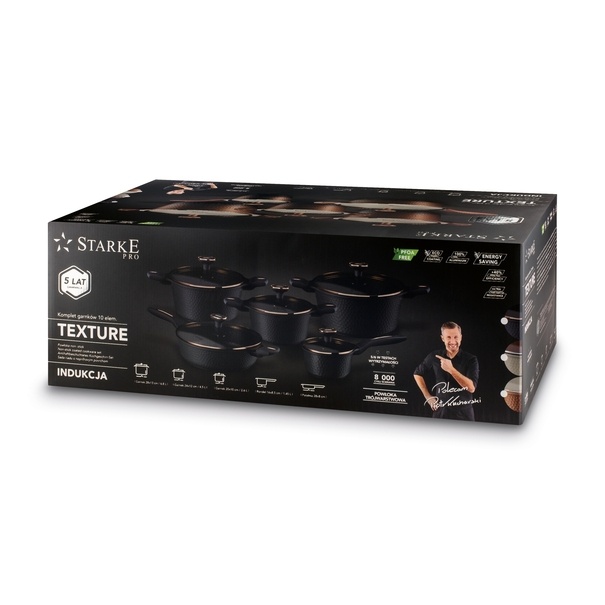 Zestaw garnk&oacute;w na indukcję Starke Pro Texture Grey 10 element&oacute;w i 3 noże Toshiro