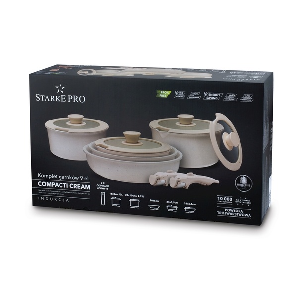 Zestaw garnk&oacute;w Starke Pro Compacti Cream 11 element&oacute;w odpinany uchwyt