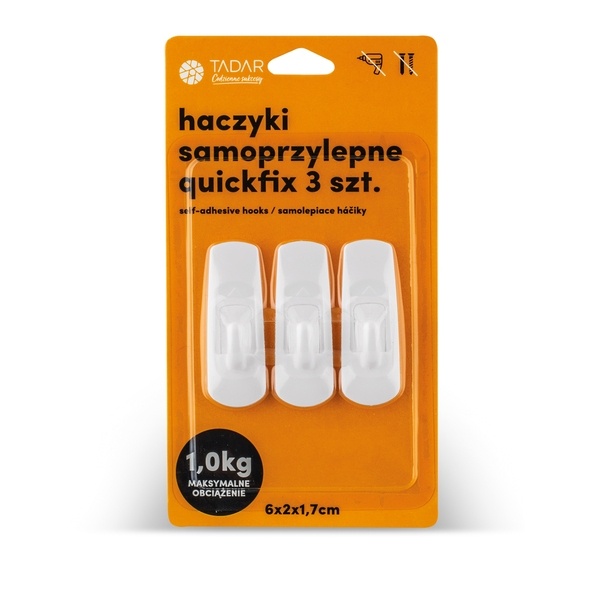 Haczyki samoprzylepne 3 sztuki białe Tadar Quickfix 6 x 2 x 1,7 cm