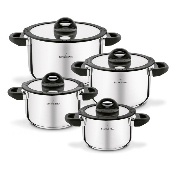 Zestaw garnk&oacute;w nierdzewnych z pokrywkami Starke Pro Sante 8 element&oacute;w i komplet 6 szklanek Sue 400 ml z podkładkami