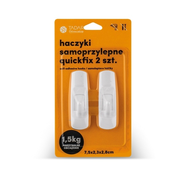Haczyki samoprzylepne 2 sztuki białe Tadar Quickfix 7,5 x 2,3 x 2,8 cm