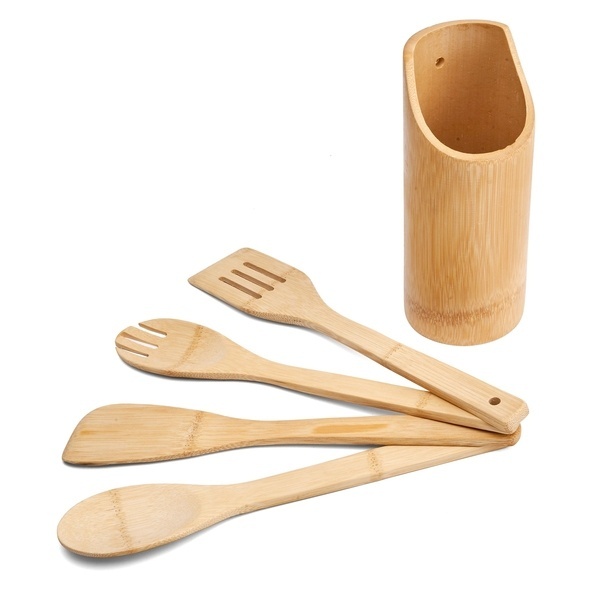 Zestaw 4 przyborów kuchennych bambus Tadar 30 x 6 cm i pojemnik 21 x 10 cm
