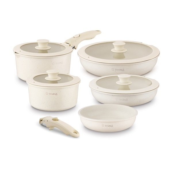 Zestaw garnk&oacute;w Starke Pro Compacti Cream 11 element&oacute;w odpinany uchwyt