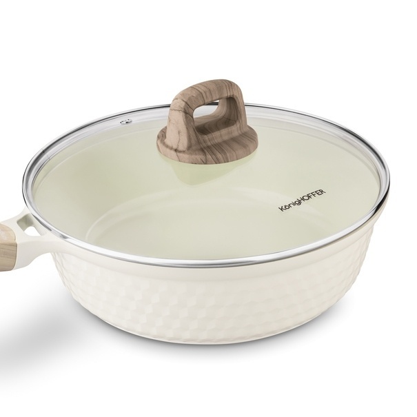 Patelnia z powłoką ceramiczną na indukcję Konighoffer Rosti z pokrywką 28 cm kremowa