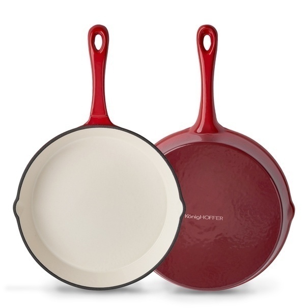 Komplet naczyń żeliwnych 5 element&oacute;w 2 garnki i patelnia Konighoffer czerwone