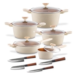 Zestaw garnk&oacute;w na indukcję Starke Pro Texture Creamy 10 element&oacute;w i 4 noże Toshiro