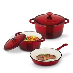 Komplet naczyń żeliwnych 5 element&oacute;w 2 garnki i patelnia Konighoffer czerwone