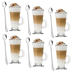 Komplet sześciu szklanek Tadar Caffe Latte 250 ml i 6 łyżeczek koktajlowych