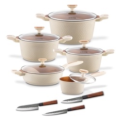 Zestaw garnk&oacute;w na indukcję Starke Pro Texture Creamy 10 element&oacute;w i 3 noże Toshiro