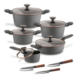 Zestaw garnk&oacute;w na indukcję Starke Pro Texture Grey 10 element&oacute;w i 3 noże Toshiro
