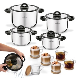 Zestaw garnk&oacute;w nierdzewnych z pokrywkami Starke Pro Sante 8 element&oacute;w i komplet 6 szklanek Sue 400 ml z podkładkami