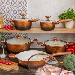 Zestaw garnków na indukcję Starke Pro Texture Copper 10 elementów i 3 noże Toshiro