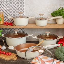 Zestaw garnków na indukcję Starke Pro Texture Creamy 10 elementów i 3 noże Toshiro