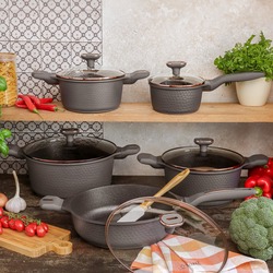 Zestaw garnków na indukcję Starke Pro Texture Grey 10 elementów i 3 noże Toshiro