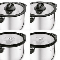 Zestaw garnków nierdzewnych z pokrywkami Starke Pro Sante 8 elementów i komplet 6 szklanek Sue 400 ml z podkładkami