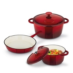 Komplet naczyń żeliwnych 5 elementów 2 garnki i patelnia Konighoffer czerwone