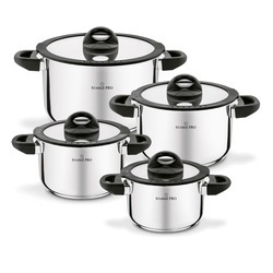 Zestaw garnków nierdzewnych z pokrywkami Starke Pro Sante 8 elementów i komplet 6 szklanek Sue 400 ml z podkładkami